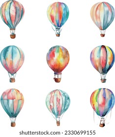 Watercolor hot air balloons set. Hand painted illustration isolated on white background