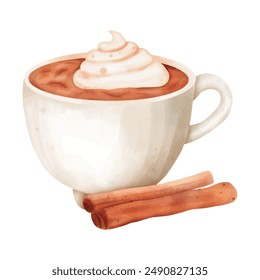 Watercolor Hot Chocolate with Cinnamon Sticks Illustration