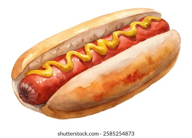 Watercolor hot dog illustration, classic street food, vibrant colors, delicious toppings, summer picnic favorite.