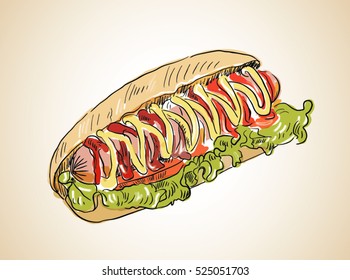 Watercolor hot-dog. Hand drawn painted. vector