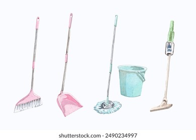 Watercolor house cleaning tools collection