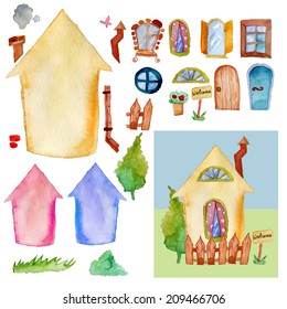 Watercolor House constructor set of elements in vector. With sample illustration