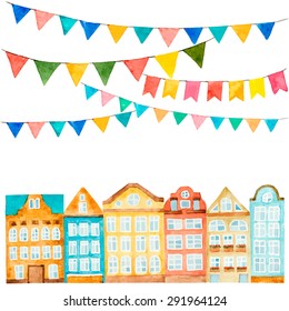 Watercolor of the house and flags isolated on white background, vector illustration.