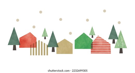 Watercolor houses and trees on Christmas