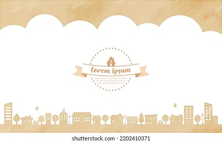 watercolor houses and trees silhouette (beige). cute townscape illustration for background
