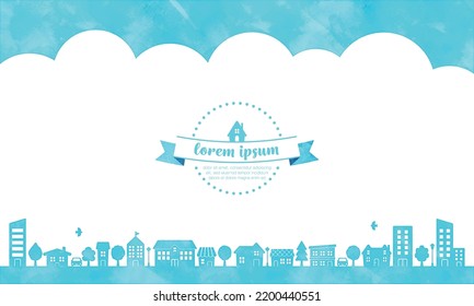 watercolor houses and trees silhouette (blue). cute townscape illustration for background