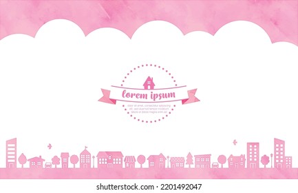 watercolor houses and trees silhouette (pink). cute townscape illustration for background