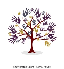 Watercolor human handprints, palm fingers isolated vector. Creative man or kid hand print silhouette. Baby art logo. Colorful, palms in paint on white. Partnership symbol.