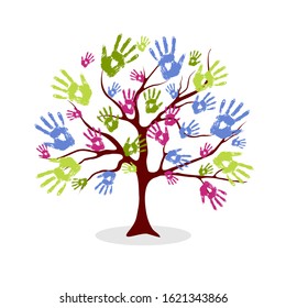 Watercolor human handprints, palm fingers isolated vector. Baby art logo. Colorful, palms in paint on white. Support .