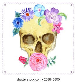 Watercolor human skull with flowers in vintage style, vector