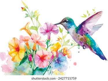 A watercolor hummingbird sipping nectar from a bouquet of vivid flowers, animals, watercolor style, white background, with copy space