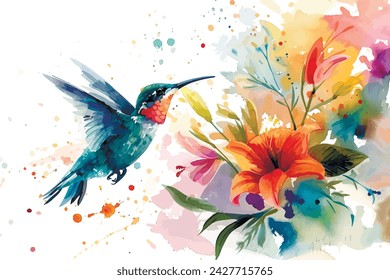 A watercolor hummingbird sipping nectar from a bouquet of vivid flowers, animals, watercolor style, white background, with copy space