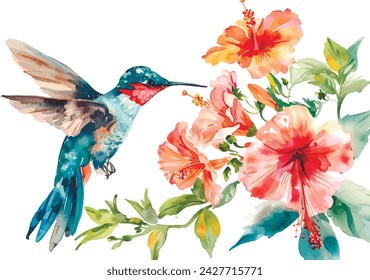 A watercolor hummingbird sipping nectar from a bouquet of vivid flowers, animals, watercolor style, white background, with copy space