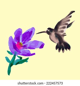 Watercolor hummingbirds and flowers vector isolates.