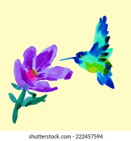 Watercolor hummingbirds and flowers vector isolates.