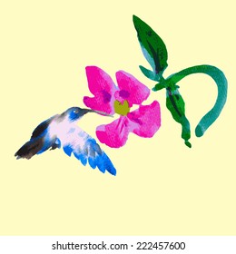 Watercolor hummingbirds and flowers vector isolates.