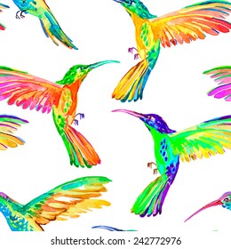 Watercolor hummingbirds seamless pattern. Vector.