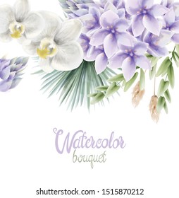 Watercolor Hyacinth and white orchid flowers bouquet vector. Wedding gretting card background