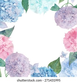 Watercolor hydrangea card background. Vector hand drawn round floral frame. Botany illustration with flowers and leaves