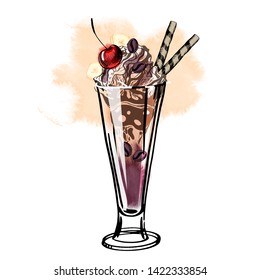 Watercolor ice caffee Illustration with whipped cream. Watercolor vector illustration.
