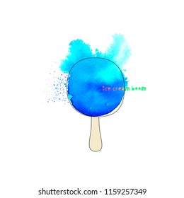 Watercolor ice cream, ice lolly with carved letters. Festival and t-shirt concept. Vector illustration