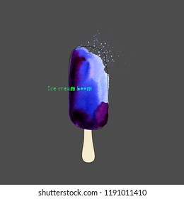 Watercolor ice cream, ice lolly with carved text. Festival and t-shirt concept. Vector illustration