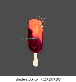 Watercolor ice cream, ice lolly with carved text. Festival and t-shirt concept. Vector illustration