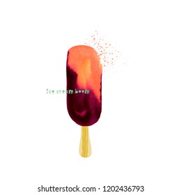 Watercolor ice cream, ice lolly with carved text. Festival and t-shirt concept. Vector illustration