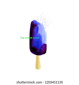 Watercolor ice cream, ice lolly with carved text. Festival and t-shirt concept. Vector illustration