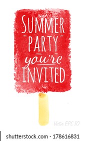 Watercolor ice cream poster lettering summer party you're invited drawing with red paint.