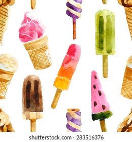 Watercolor ice cream seamless pattern