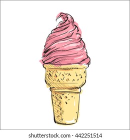 Watercolor ice cream. Sketch style. Vector.