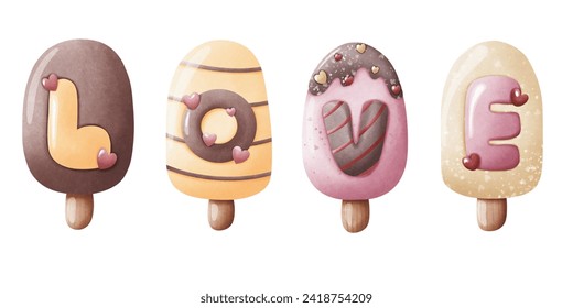 Watercolor Ice Cream Vector Illustration, Summer, Chocolate, Strawberry, Vanilla, Crispy, Isolated on white background. 