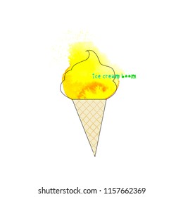 Watercolor ice cream in a waffle cone with carved letters. Festival and t-shirt concept. Vector illustration