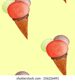 Watercolor ice-cream. Vector seamless pattern.