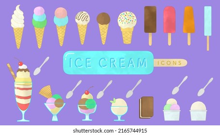Watercolor icon set of ice cream and parfait