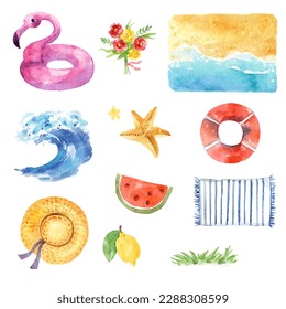 Watercolor icons of objects for summer and  vacation. Hand-drawn illustration isolated on the white background