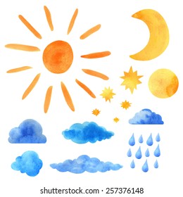 Watercolor icons set sun, clouds, moon, half moon, stars, raindrops closeup isolated on a white background. Hand painting on paper. Art design elements  