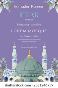 Watercolor Iftar party invitation poster template for ramadan celebration. Ramadan Design vector illustration, islamic banner, flyer. Ramadan 2025.