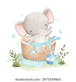 Watercolor Illuatration Cute Baby Elephant Takes Bath