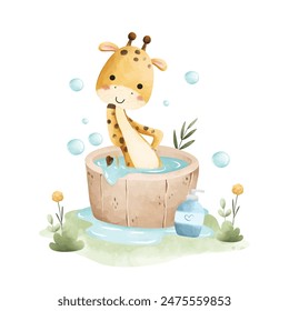 Aquarell Illustration Nettes Baby Giraffe nimmt Bad