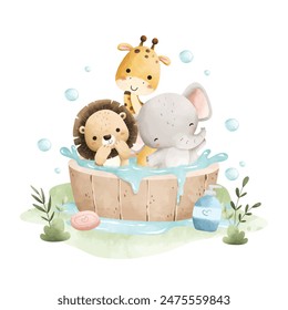 Watercolor Illuatration Cute Baby Safari Animals Take Bath