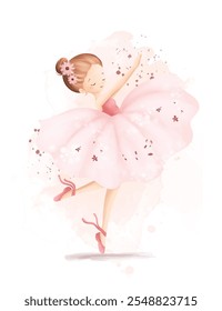 Ilustración de acuarela Hermosa bailarina lleva vestido rosa