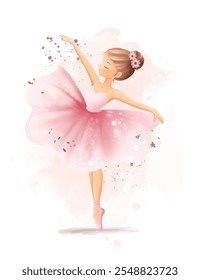 Watercolor Illustrastion Beautiful Ballerina Wears Pink Dress