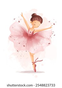 Watercolor Illustrastion Beautiful Ballerina Wears Pink Dress