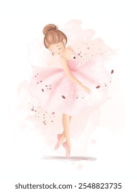 Ilustración de acuarela Hermosa bailarina lleva vestido rosa