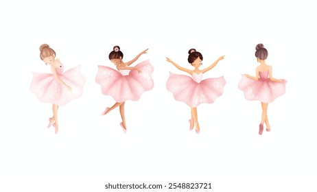 Watercolor Illustrastion Set of Beautiful Ballerina Wears Pink Dress