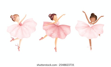 Watercolor Illustrastion Set of Beautiful Ballerina Wears Pink Dress and Pointe Shoes