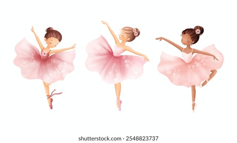 Watercolor Illustrastion Set of Beautiful Ballerina Wears Pink Tutu