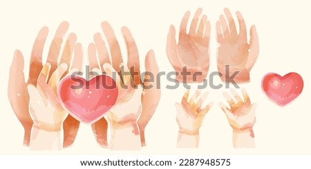 Watercolor illustrated hands holding heart isolated on light beige background. Including palms of adult and child, and heart.